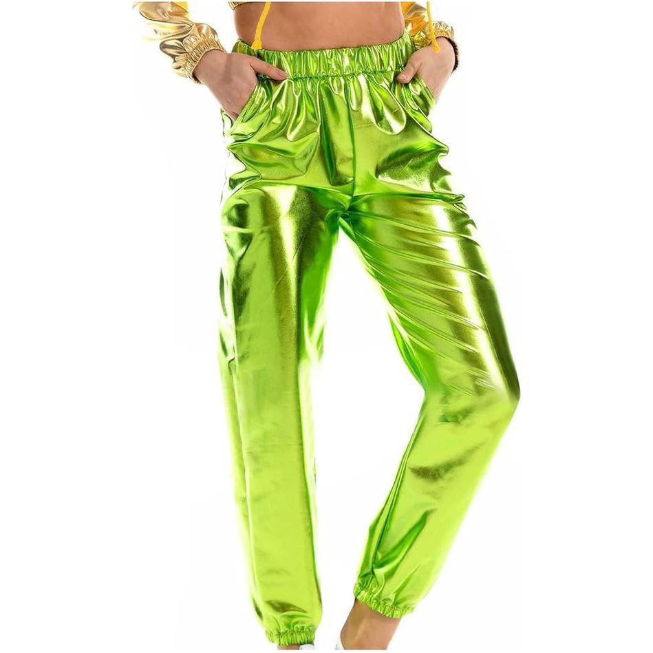 Glänzende, holografische, dehnbare, metallische Jogginghose für Damen, hohe Taille, Sweatpant, Hip-Hop-Club, Rave-Hose