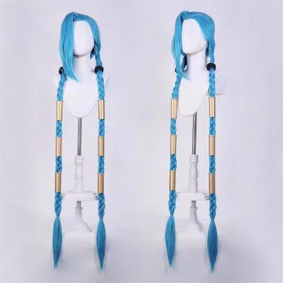High Quality LOL Jinx Cosplay Wig Long Braided Blue The Loose Cannon Wig Braid Heat Resistant Synthetic Hair Anime Wigs + WigCap