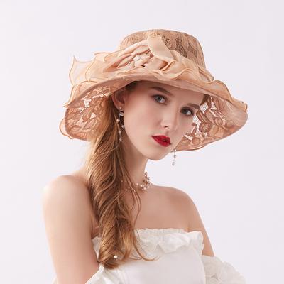 Summer Women Foldable Beach Sun Hat Flat Top Sun Protection Chiffon Mesh Hat Elegant Wide-brimmed Hat Outing Fashion Organza Lace Mesh Hat