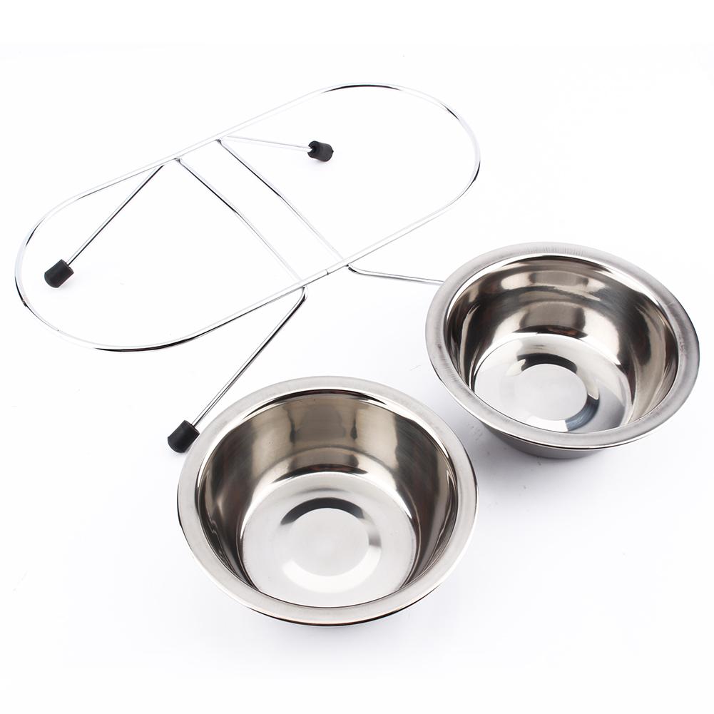 Cute Double Twin Stainless Steel Bowls Dog Puppy Cat Pet Food Water Bowl Dish Iron Stand