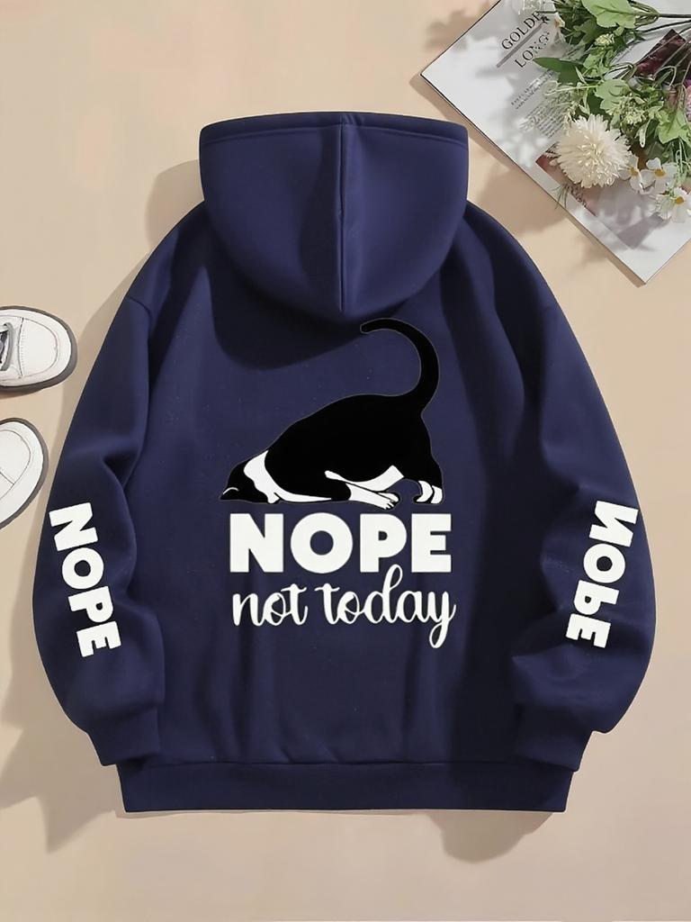 Nope Not Today Prints Hoodies Womens Cute Cat Pullovers Loose Pocket Tops Warm Fleece Sweatshirts Winter Casual Woman Clothing