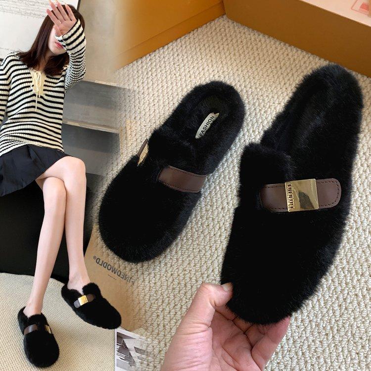 Mao Mao Hausschuhe Damenbekleidung 2024 neu Herbst und Winter Einschlupf High-End Nerz Plüsch Taschenkopf Baumwolle Halbschuhe