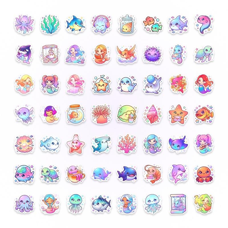 10/30/50PCS Cartoon Marine Life Sticky PVC Sticker DIY Laptop Luggage Skateboard Colored Decoration Scrapbooking for Kids