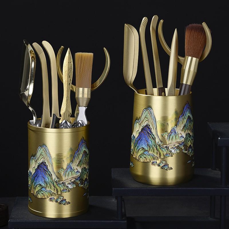 Hand-Painted Brass Tea Ceremony Six Tools Set Japanese Style Gongfu Accessories Teaspoon Tongs Pick