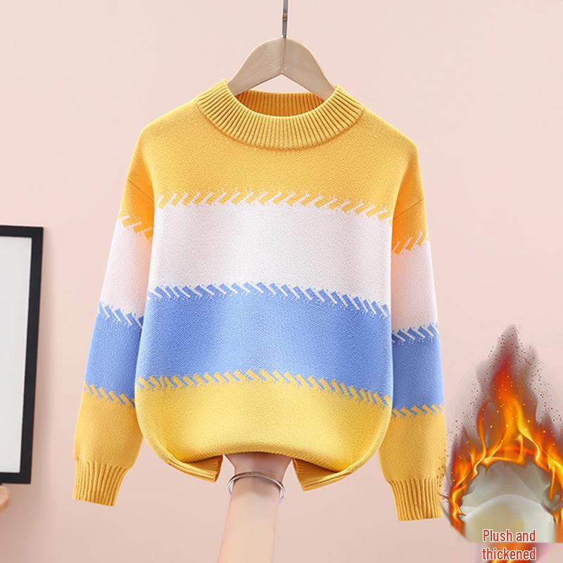 Boy's Round Neck Knit Sweater - Pure Cotton, Fleece-Lined for Autumn/Winter