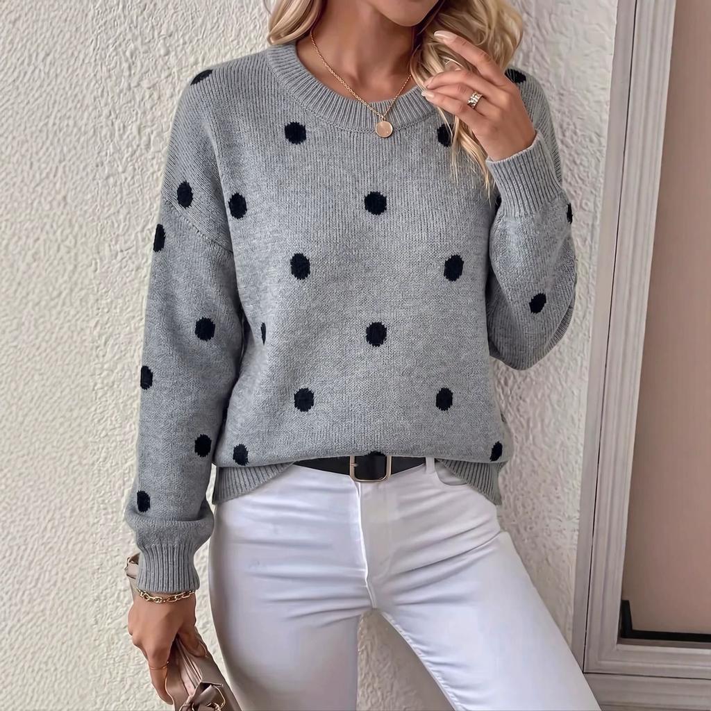 Women S Polka Dot Jacquard Knit Loose Long Sleeve Pullover Sweater