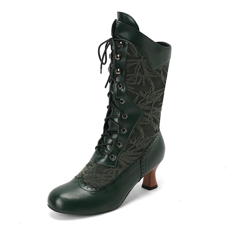 Women's Costume Cosplay Shoes Retro Mid Calf Boots Burnout Kitten Heels Front Bandage Patchwork Boots