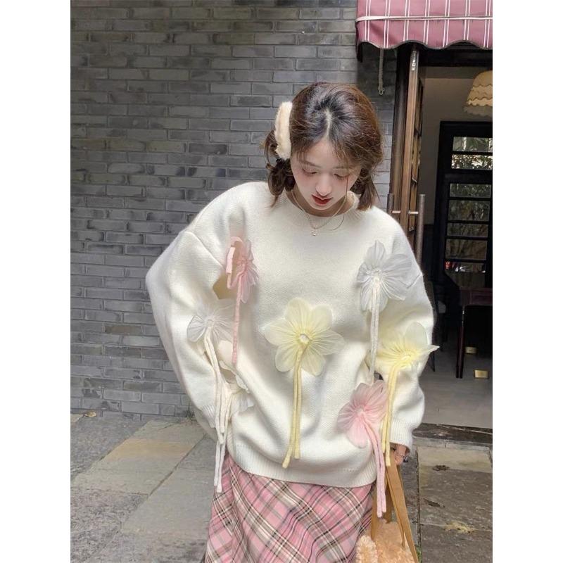 Women's Tied Flower Sweater Long Sleeved Round Neck Solid Color Pullover Top Casual Loose Korean Style Woman Trendy Top