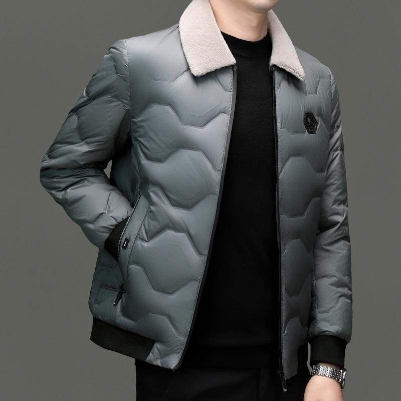 Men's Wool Collar Lightweight Down Jacket - Fashionable, Warm, Short Lapel Winter Coat for Middle-Aged