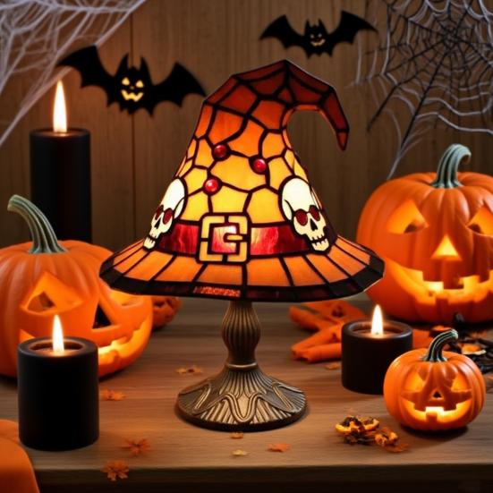 Witch Hat Lamp Stained Resin Gothic Wizard Hat LED Night Light Spooky Small Table Lamp for Indoor Bedroom Halloween Decor