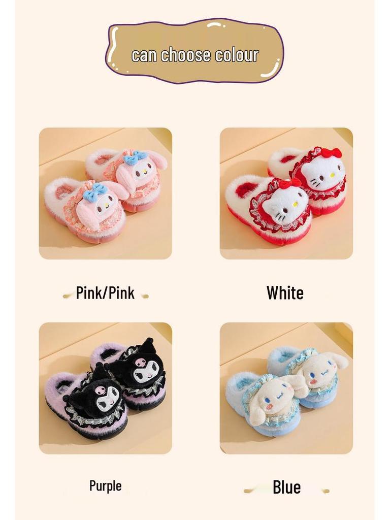 Sanrio Winter Furry Cotton Slippers for Girls – Warm Indoor Cartoon Shoes with Thick Soles, available in Parent-Child Sizes.