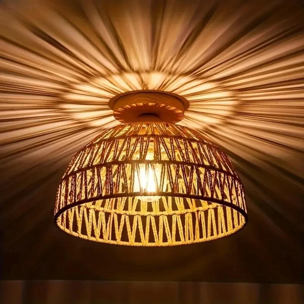 E27 ואבי-סאבי אהיל קש טבעי ארוג ביד מנורת תקרה למסעדה בית תה סלון מנורות תקרה רטרו וינטג