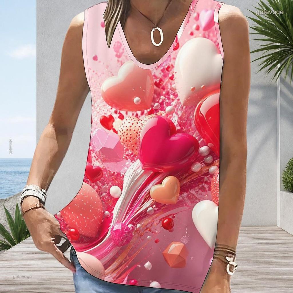 Women Plus Size Sleeveless V Neck Tank Top Vibrant Rainbow Heart Balloon Star Colorful Print Casual Top