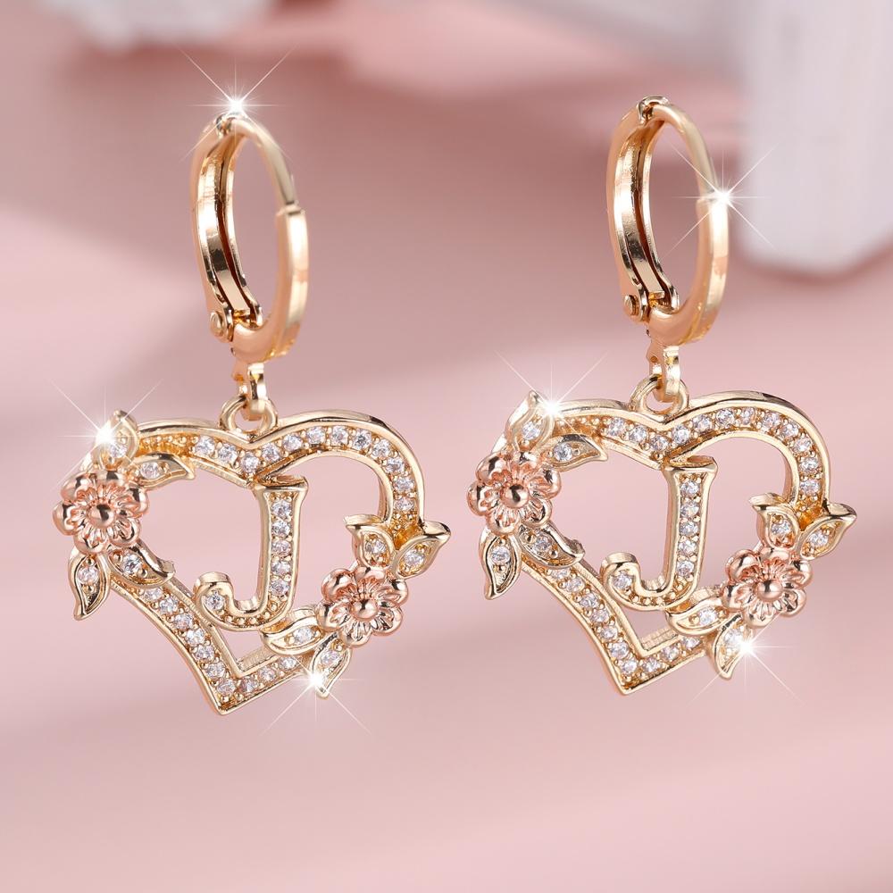 A-Z 26 Buchstaben Damen Herz Blume Creolen Vintage Goldfarbe Weiß Zirkon Hochzeits Schmuck Für Frauen