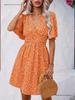 Summer Floral V-Neck Midi Dress with Pleated Skirt and Mid Sleeves