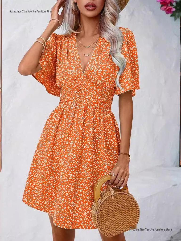 Summer Floral V-Neck Midi Dress with Pleated Skirt and Mid Sleeves