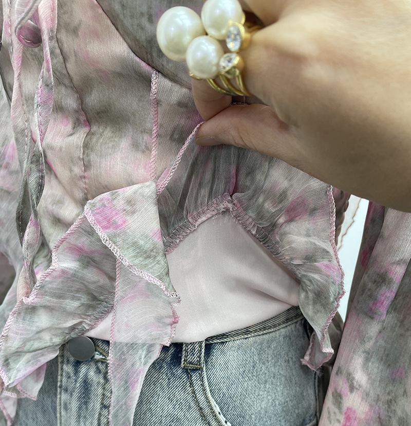 One-Shoulder Floral Print Bustier with Bell Sleeves and Lace-Up Back