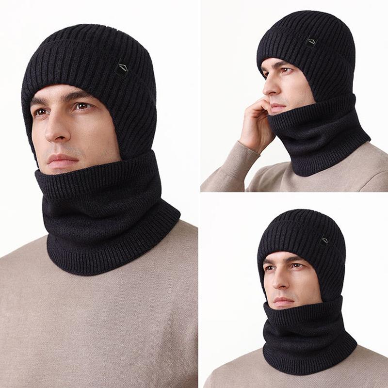Knitted Hat Men's Fleece Solid Color Cap Scarf Kit Winter Outdoor Warm Wool Hat