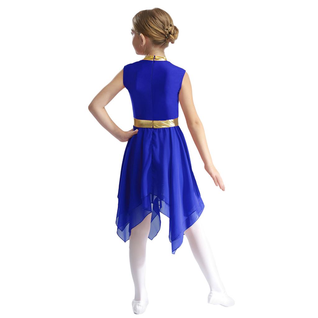 Girls Liturgical Praise Dance Dress Metallic Contrast Color Patchwork Sleeveless Asymmetrical Hem Dresses