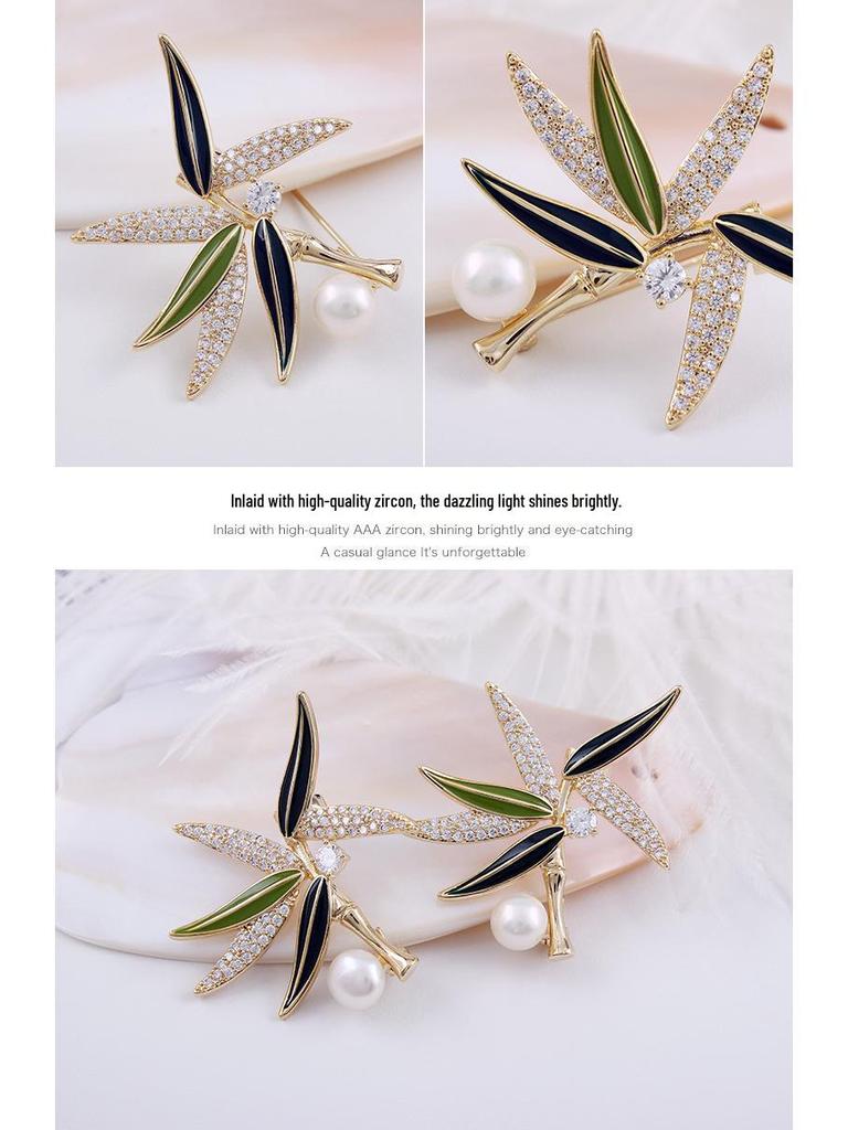 Elegant Chinese Freshwater Pearl & Bamboo Brooch with Zircon Accents - Women's Luxury Suit Accessory
