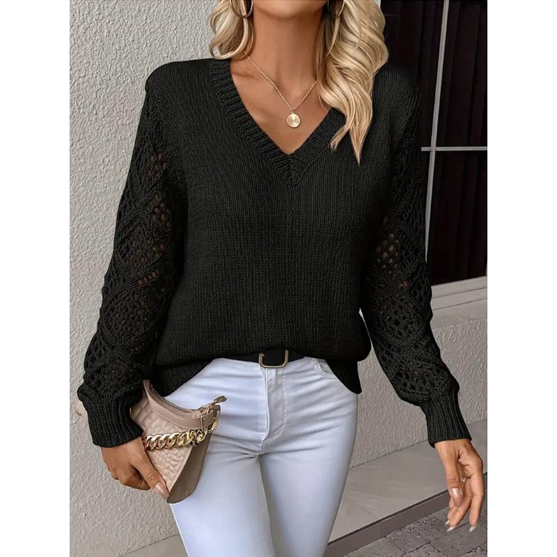 V-Ausschnitt Lochmuster Damen Strickpullover Einfarbig Langärmelige Pullover Neu Gemütlich Koreanischer Stil Damen Bequeme Kleidung