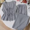 Women's Summer Striped Two Piece Outfit With Tie Front Sleeveless Vest Top And Loose Wide Leg Pants For Casual Daily Wear And Travel
