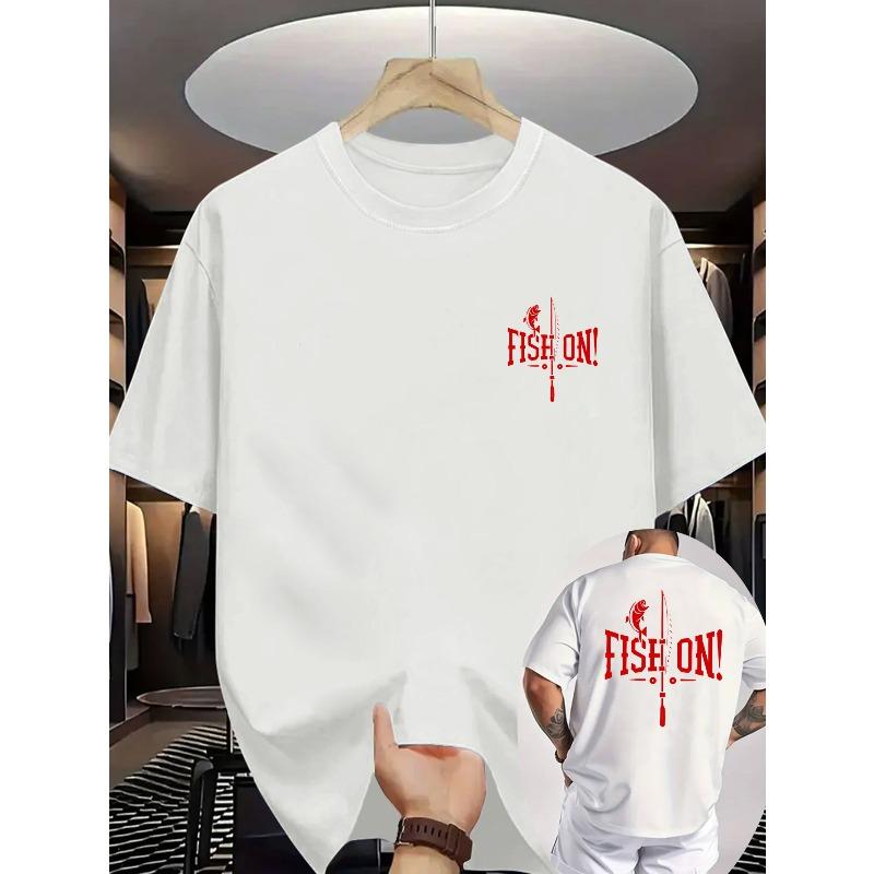 European sizes Men'S Graphic T-Shirts Featuring a Fishing Design - White with Red "FISH ON!"