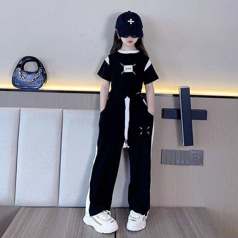 

Летний комплект одежды для девочек Модный кружевной пэчворк Детский кардиган + Футболка с коротким рукавом + Длинные брюки Комплект из трех предметов 120