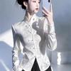 Women Spring White Satin Jacquard Stand Up Collar Long Sleeved Shirt Unique and Special with A Button Down Chinese Style