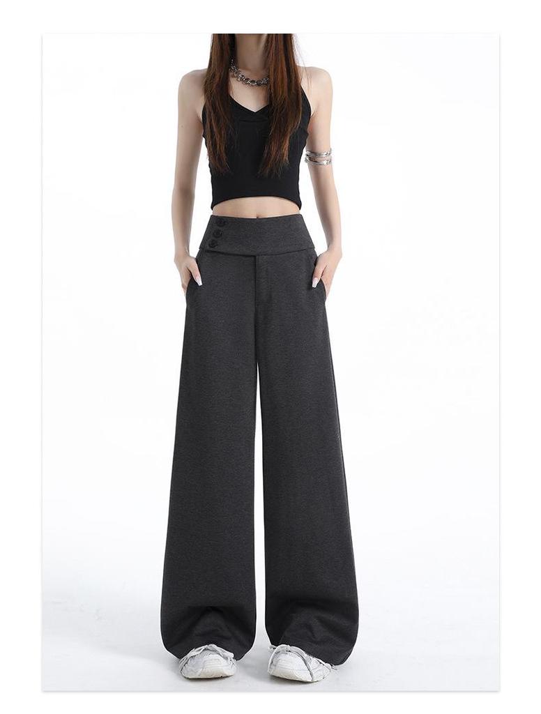 Women's Retro Grey Wide-Leg Suit Pants - Spring Casual, Versatile & Comfortable