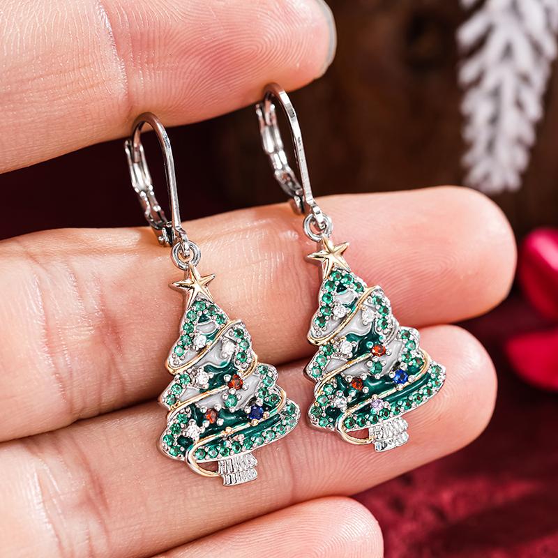 Huitan Creative Christmas Tree Drop Earrings for Women Gorgeous Brilliant Ear Accessories for Party Modern Stylish Chic