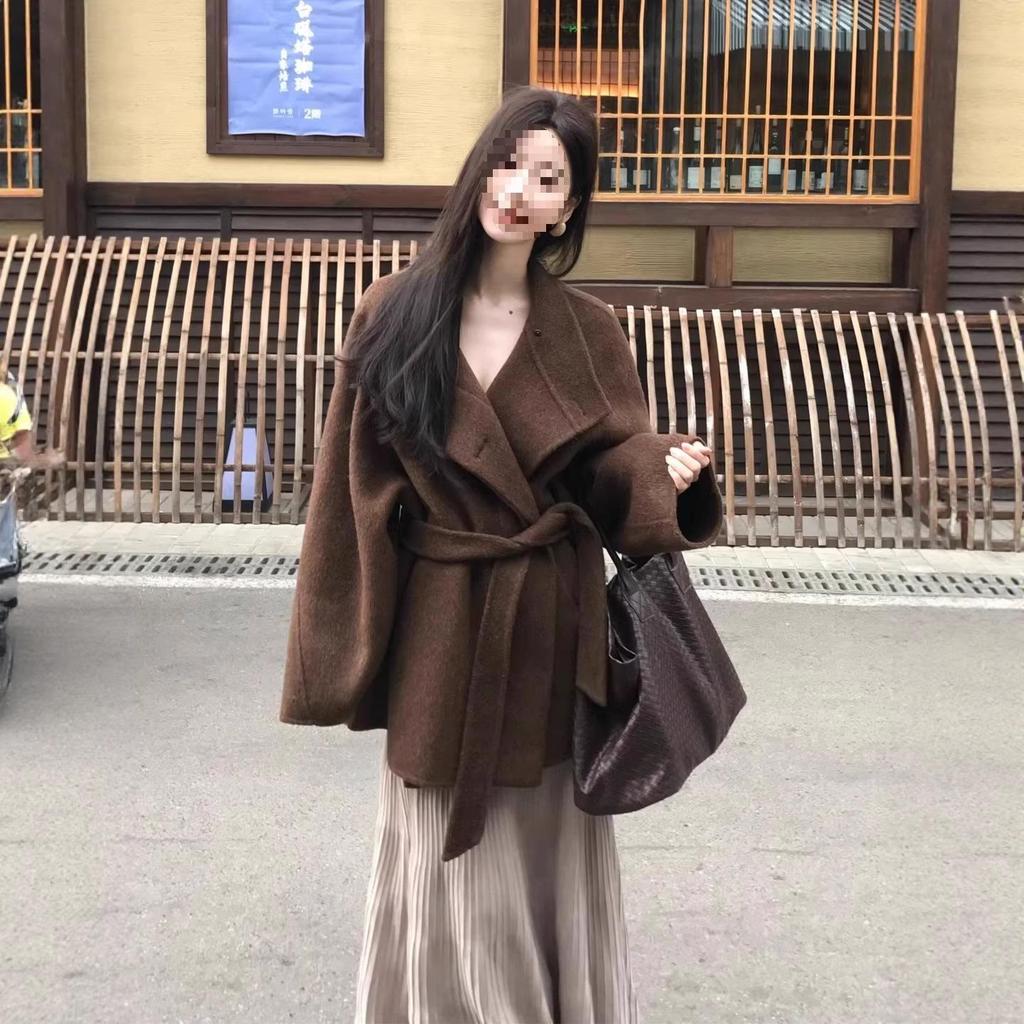 Women's Petite Mocha Brown Wool Coat - Meilade High-End Aesthetic, Thickened for Autumn/Winter 2025