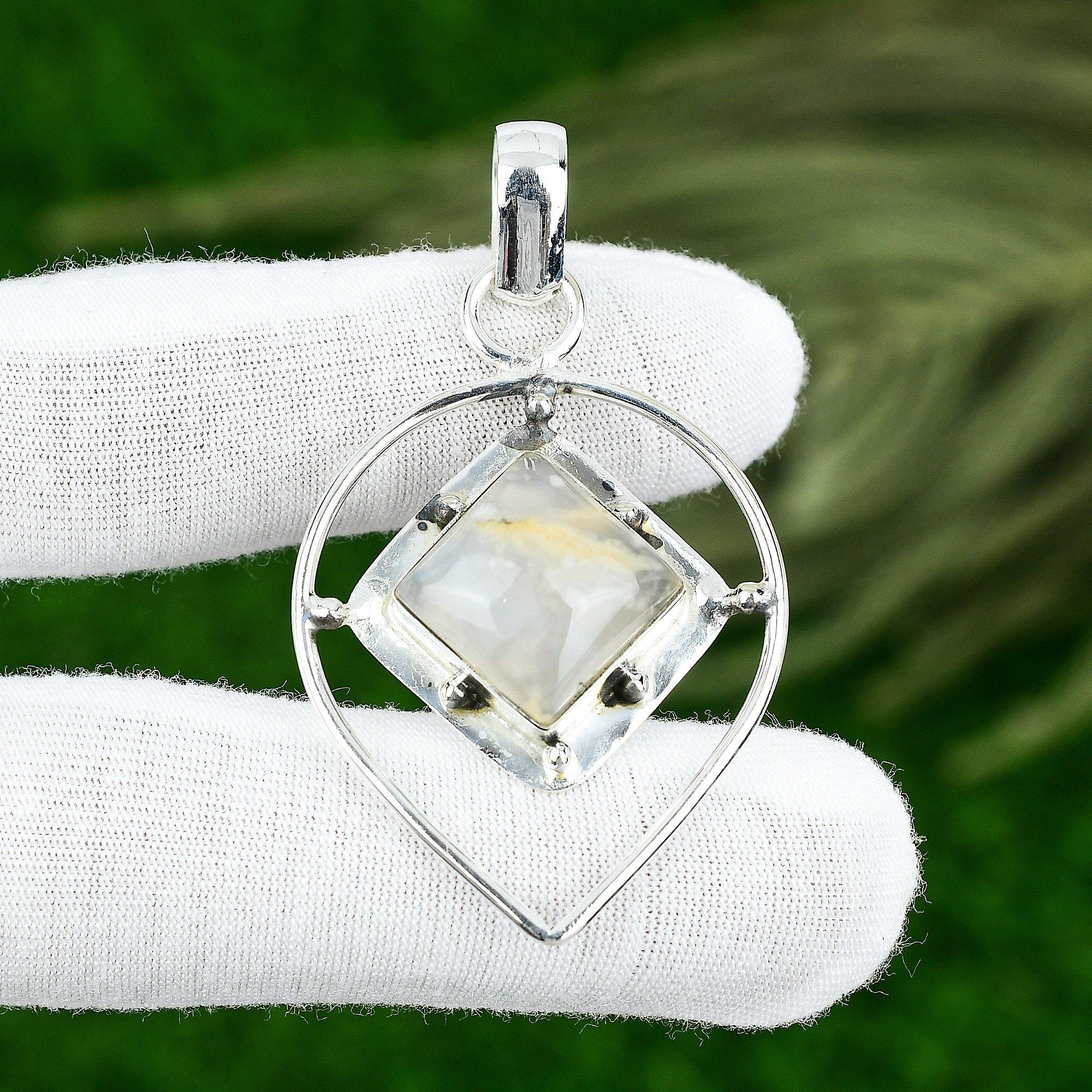 Square Plume Agate Gemstone 925 Silver Bezel Elegant Anniversary Pendant Jewelry