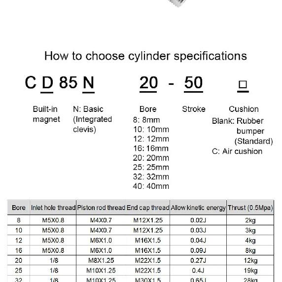 SMC Type CD85N/C85N10 12 16 20 25 ISO Standards Pneumatic Air Standard Single Rod Mini Cylinder Double Acting Stroke 10-225mm