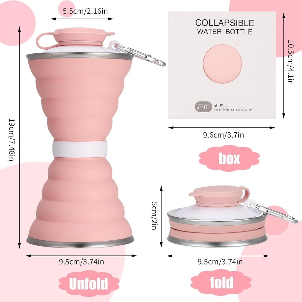 2 Pcs Collapsible Water Bottle, 500ml Silicone Portable Travel Water Bottle Leak-Proof Reusable Foldable Cup with Carabiner and Strap for Sports Gym