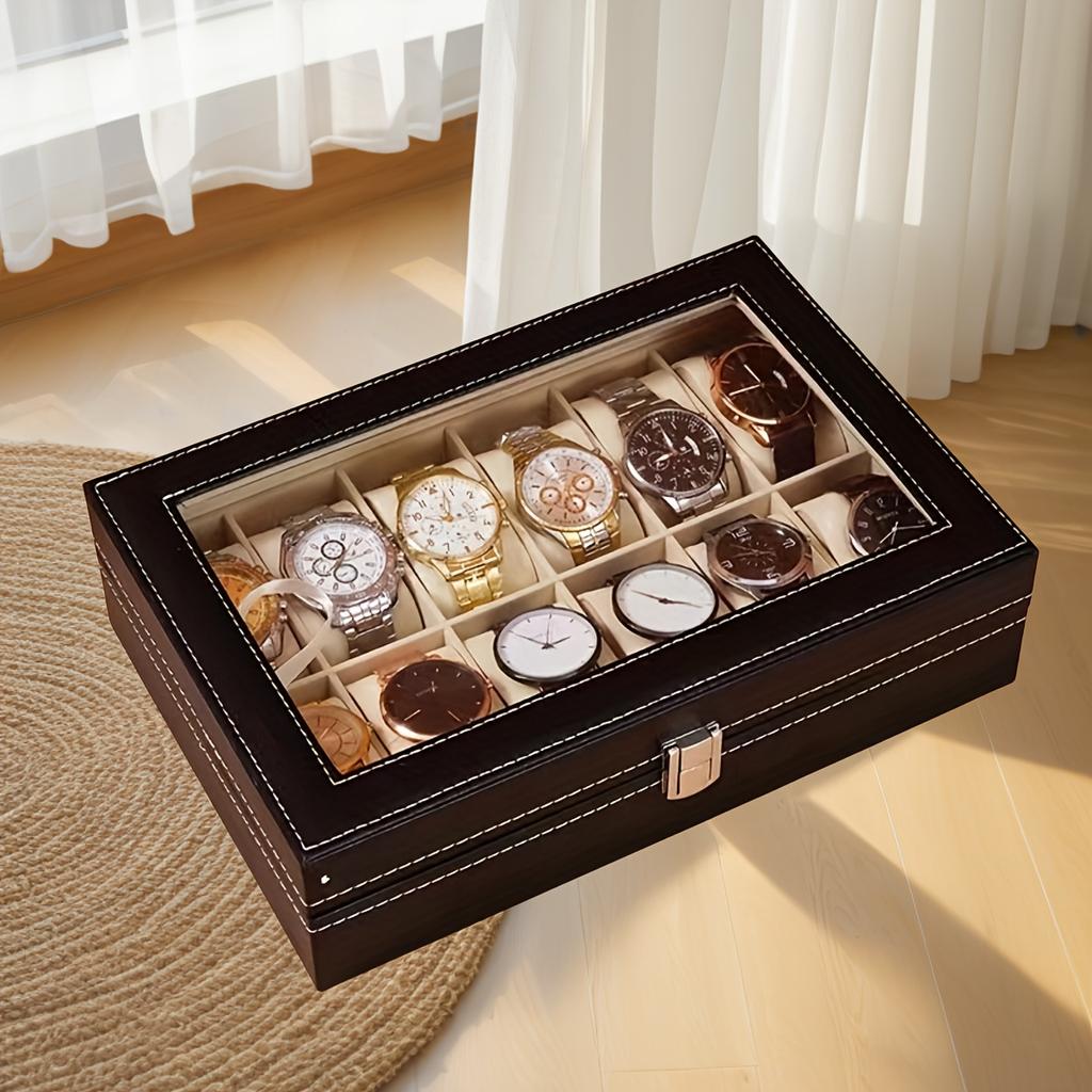 High-Value Faux Leather 12-Position Watch Storage Box Wristwatch Window Display Large Capacity with Lid Watch Box