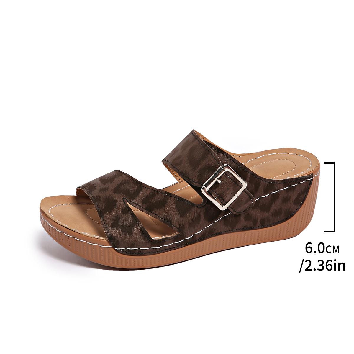 

Fashion Leopard Print Round Toe Open Toe Hollow Metal Buckle Slippers Summer New Thick Bottom Waterproof Platform Women s High Heels 36