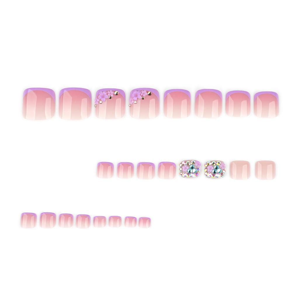 Purple French Toenail Art Stickers with Rhinestones - Short Square Design, Super Sparkle & Wearable