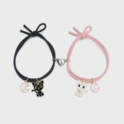 Zwart en Wit Kat Maan Koppel Armbanden - Magnetische Hanger met Elastisch Koord