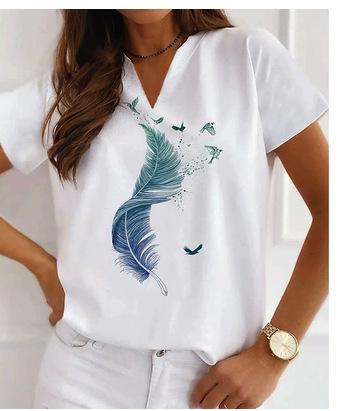 

Women s hot-selling V-neck T-shirt fashion trend loose D print top 5XL