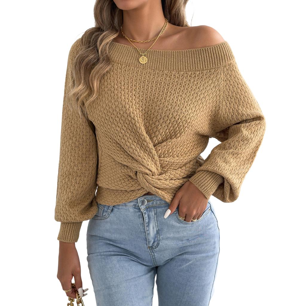 Women's Casual Color Off-Shoulder Knot Long Sleeve Sweater for Everyday Wear