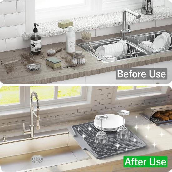 Silicone Drain Mat Nordic Style Heat-Resistant Rectangular Shape Sloped Design Non-slip Dish Drying Mat Kitchen Accessory