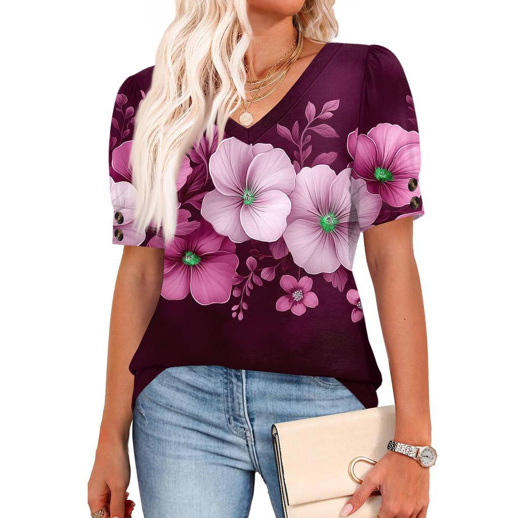 Womens Tops Short Sleeve Shirts Buttons V Neck Fashion Outfits Blouses Casual