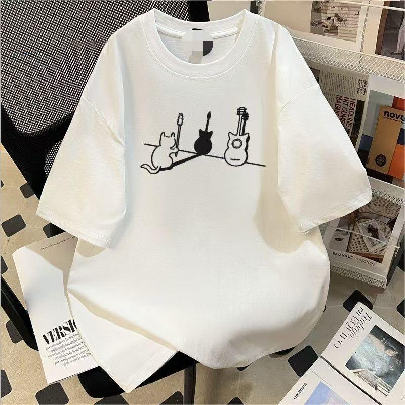 T-shirt À Manches Courtes Imprimé Chat Guitare 100 % Coton Design Américain Pour Hommes Et Femmes Été Ample Et Polyvalent