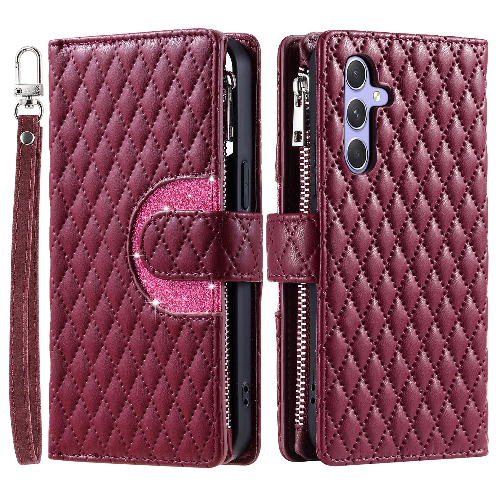 

For Samsung Galaxy S25 FE Case Zipper Pocket Glitter Leather Phone Cover with Wrist Strap Wine Red