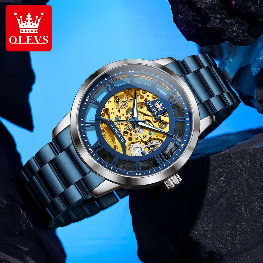 OLEVS Mens Watch Skeleton Automatic Mechanical Watch Stainless Steel Luminous Watches For Man Original Luxury Business Gifts