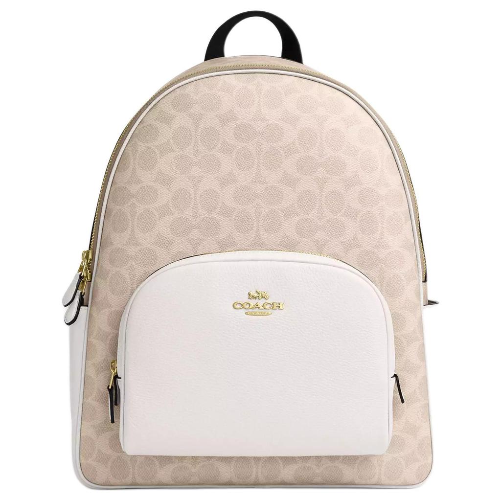 Coach Gericht 33 Logo Doppelreißverschluss Beschichtetes Canvas und Leder Rucksack Großer Damenrucksack Beige CZ175-IMXDM
