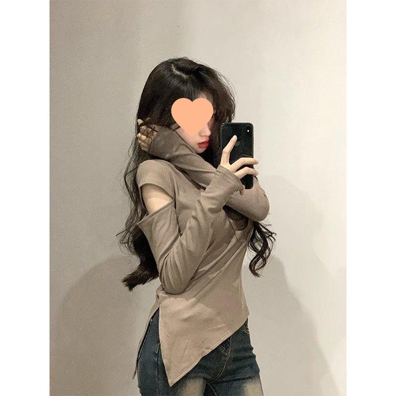 Women's Off-Shoulder Slim Fit Brushed Turtleneck Long Sleeve Top for Autumn/Winter