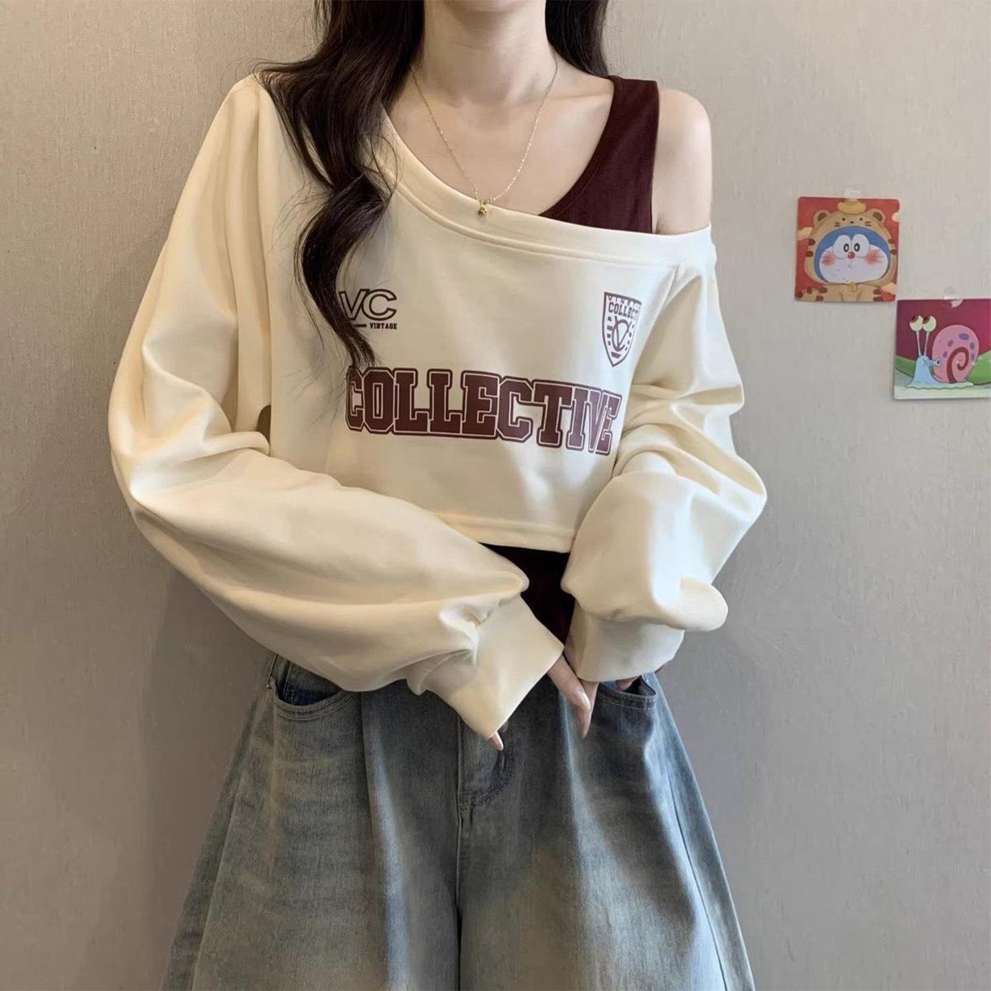 Versatile 2025 One-Shoulder Hoodie & Camisole Layered Set - Women s Fashionable Two-Piece Long Sleeve Top Small