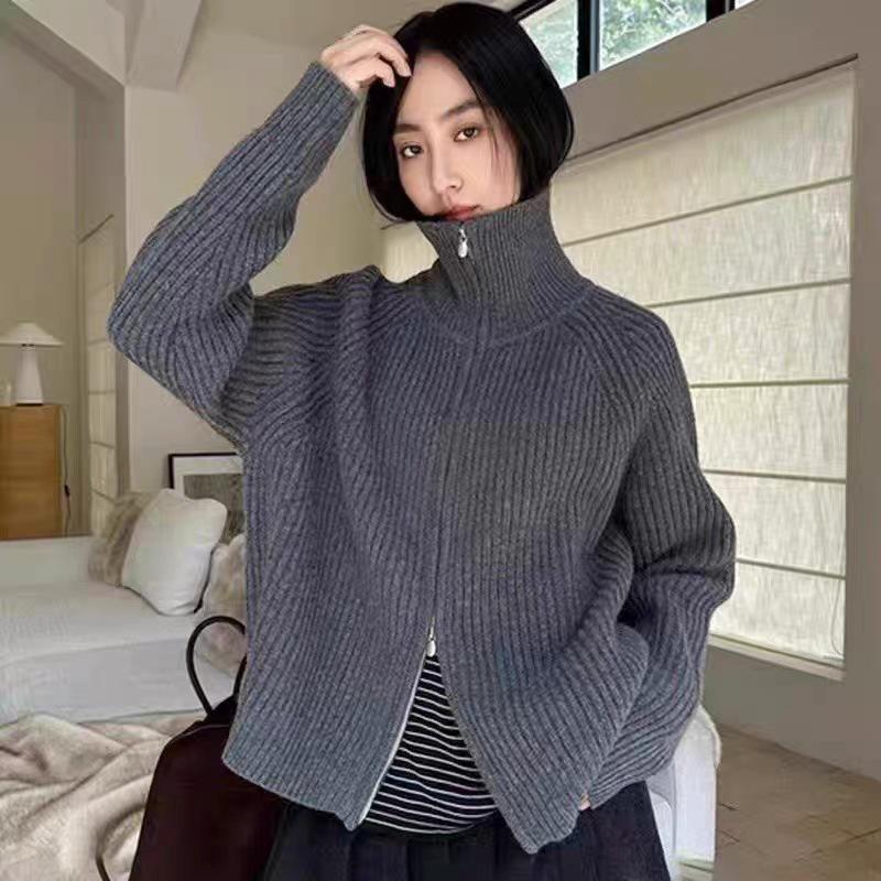 Korean Dongdaemun Women's Double Zipper Lapel Coat - Thick Wool Sweater, Autumn/Winter, Soft, Fluffy, Loose, Lazy Style.